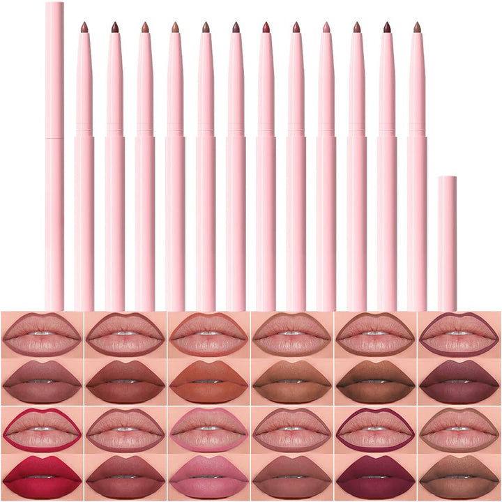 evpct 12Pcs Retractable Lip Liner Pencils Set Pack for Painting Plump Lips, Mauve Maroon Red Orange Nude Coffee Brown Plum Taupe Creamy Matte Velvet Big Pack of Lip Liner lipliners and Lipstick Set