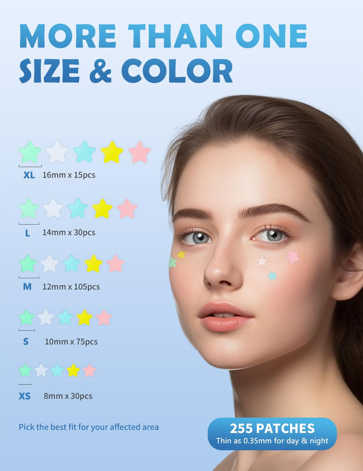Dr. Zitacne Pimple Patches for Face, Star Hydrocolloid Acne Patches Professional 255 ct. 5 Colors & 5 Sizes(8/10/12/14/16mm) Suit Various Blemish, Cute Spot Stickers Invisible Zit Absorbing, Tea Tree