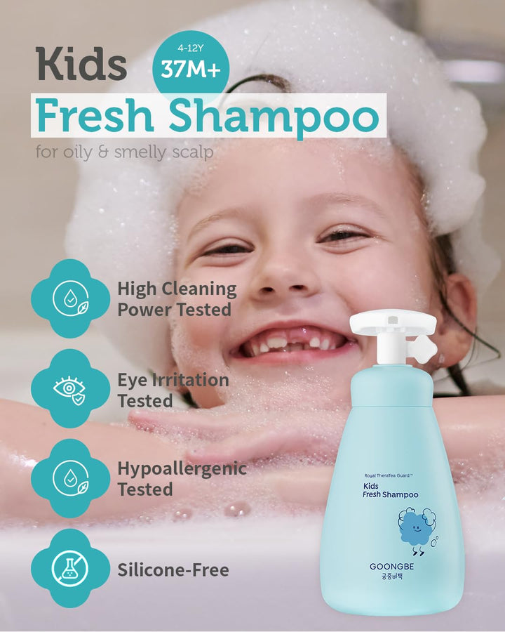 GOONGBE Kids' Fresh Shampoo - Korean Kids Scalp Purifying Shampoo - Gentle Deep Cleansing for Oily, Smelly Scalps - Low pH & Silicone-Free Formula - Allergen Free Scent, 10.1 fl.oz.