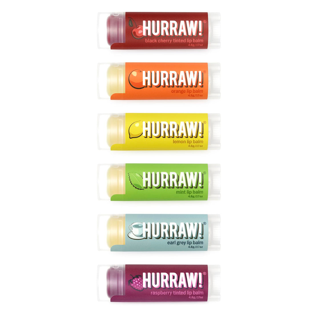 Hurraw! Lip Balms Staff Favorites, 6 Balm Bundle Pack: Black Cherry Tinted (Sheer Red Tint), Orange, Lemon, Mint, Earl Grey, Raspberry Tinted (Sheer Berry Tint) - Organic, Certified Vegan and All-Natu