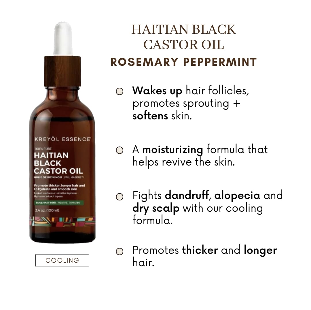 Haitian Black Castor Oil for Skin and Hair - Rosemary Mint - By Kreyol Essence - 2 oz.