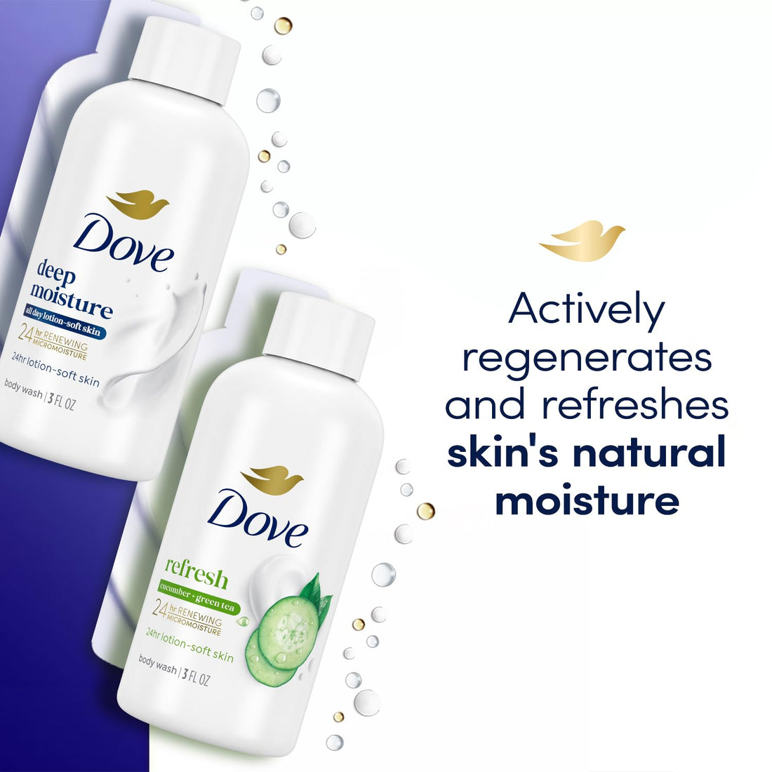 Dove Body Wash Travel Size Variety 6-Pack – Refresh Cucumber & Green Tea + Deep Moisture, 24H Renewing Moisture for Soft Skin, 3 Oz Ea