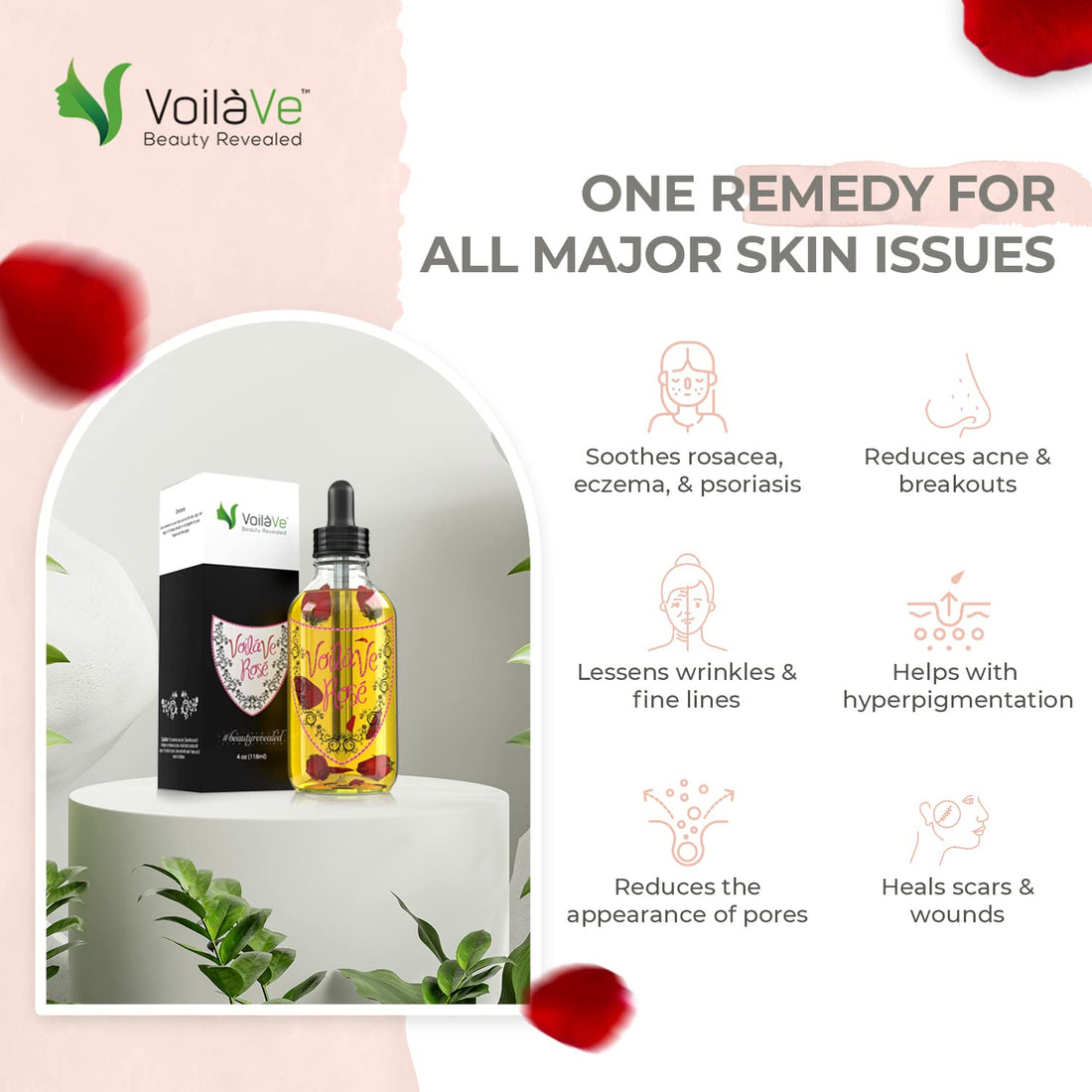VoilaVe Rose Oil, Blend of Organic and Natural Oils for Face, Hair, and Body, No Artificial Ingredients, Pure and Natural Treatment for Wrinkles, Scars, Sunburn, Acne, and Dry Skin, 4 fl oz.