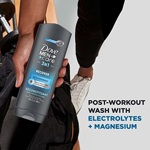 Dove Men+Care Post-Workout 3-IN-1 (Body + Face + Hair Wash) With Peppermint 4 Count Infused with Electrolytes + Magnesium 18 oz