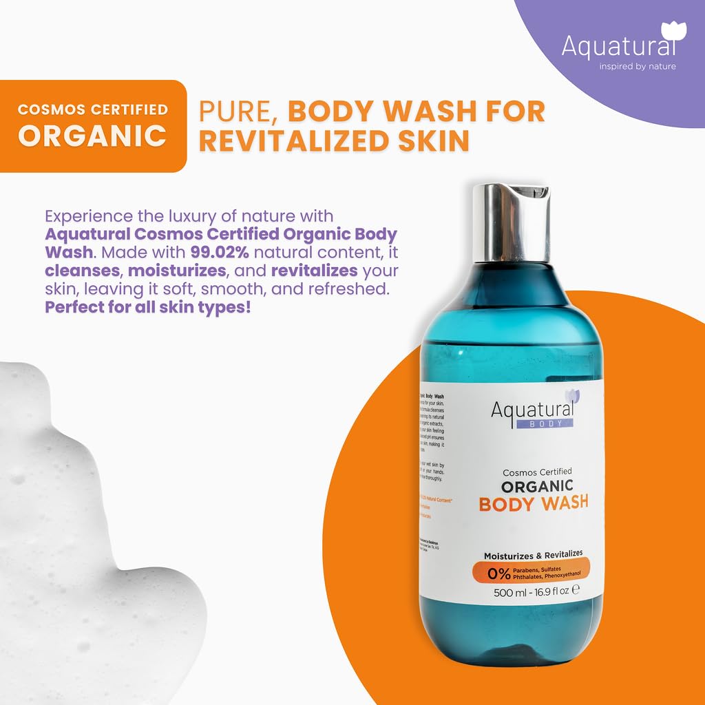 Aquatural Organic Body Wash - Plant-Based, Vegan Bodywash - Moisturizing Womens & Mens, Natural, Paraben Free, Sulfate Free Shower Gel Liquid (16.9 fL oz)