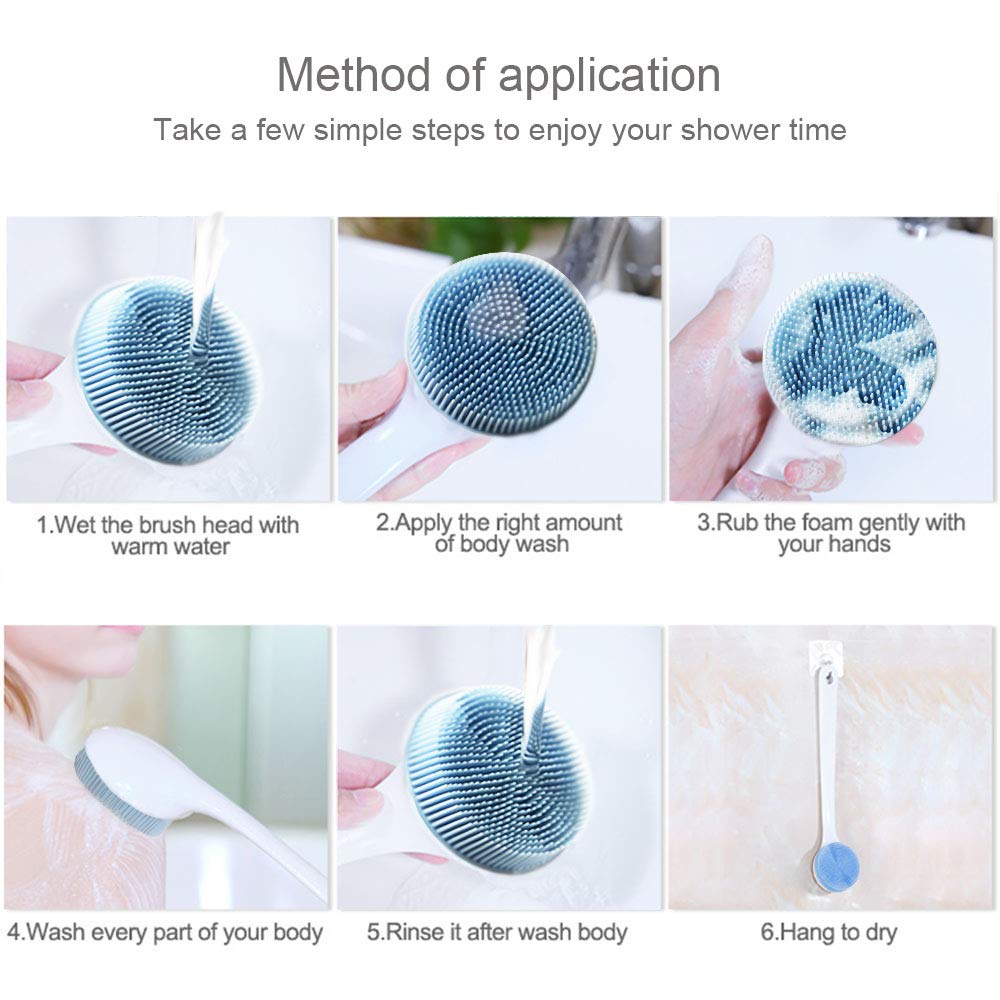 Silicone Body Scrubber with Soft Bristles, Back Brush Long Handle for Shower, Bath Body Shower Exfoliator Brush for Men and Women, BPA free, Non-Slip