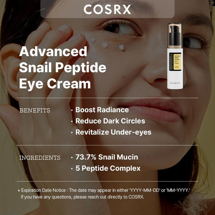 COSRX Snail Peptide Eye Cream with 73.7% Snail Mucin and Niacinamide - Brightening Korean Night Cream for Fine Lines and Dark Circles