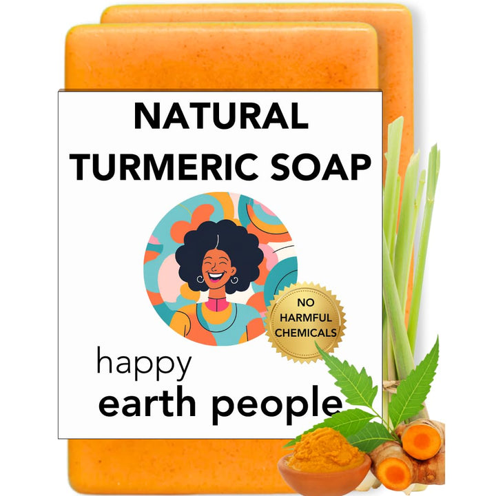 HAPPY EARTH PEOPLE Natural Turmeric Soap Bar for Face with Pure Turmeric Powder for Smooth, Even Skin Tone (2 PACK)