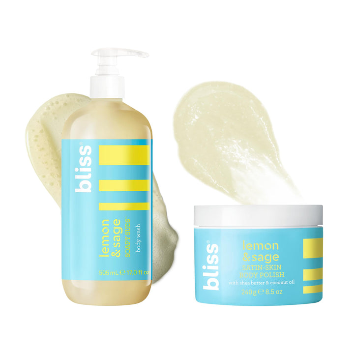 Bliss Lemon Love Exfoliating Duo: Soapy Suds Body Wash & Body Scrub with Shea Butter and Coconut Oil - Lemon and Sage - 17 Fl Oz - Gentle and Hydrating for Supremely Soft Skin