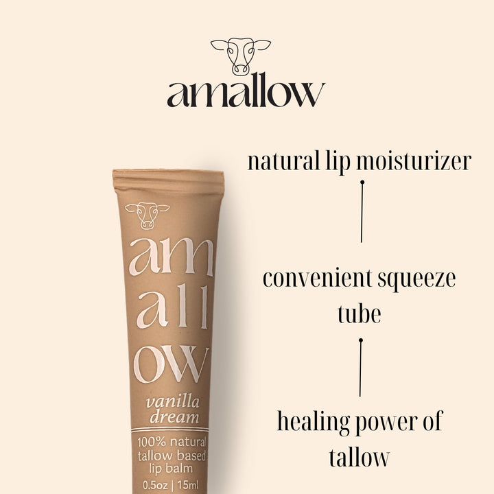 Amallow All Natural Tallow Lip Balm Squeezable Tube - Grass Fed/Finished Beef Tallow + Organic Beeswax & Vanilla Essential Oil .5 OZ (Vanilla Dream)