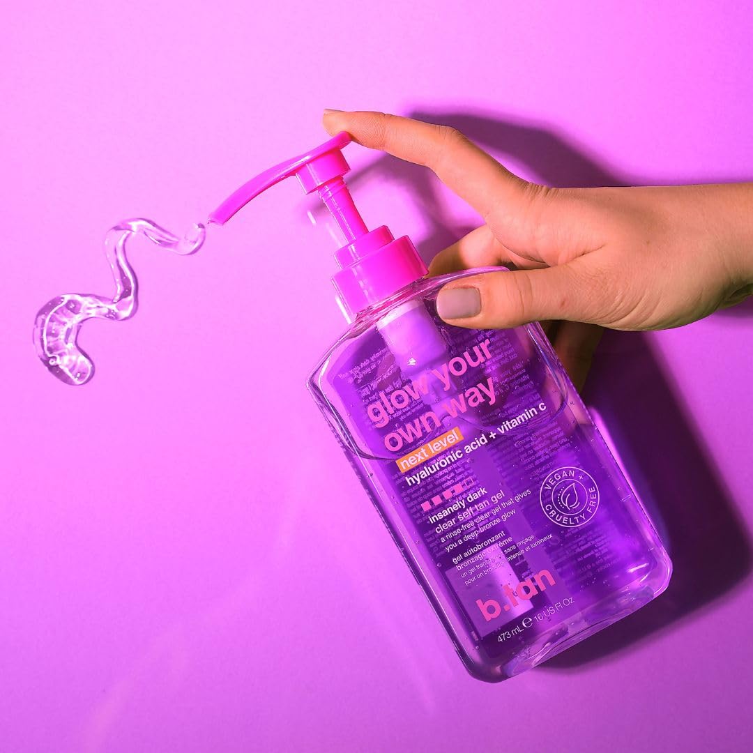 b.tan Insanely Dark Clear Self Tan Gel | Glow Your Own Way Next Level - Best, Transfer-Resistant Sunless Tanning Lotion, Ultra Quick Bronze, No Fake Tanner Smell, 16 Fl Oz