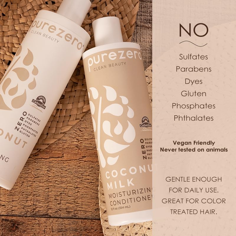 Purezero Coconut Milk Shampoo & Conditioner Set - 100% Vegan & Cruelty Free - Intense Hydration & Increase Shine - Zero Sulfates, Parabens, Dyes - Fight Dandruff & Frizz