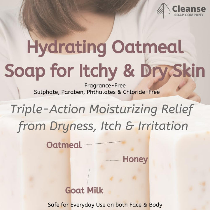 Hydrating Oatmeal Soap for Itchy Skin & Dry Skin- Unscented - 4-Bar Pack with Goat Milk & Raw Honey - Organic Ingredients