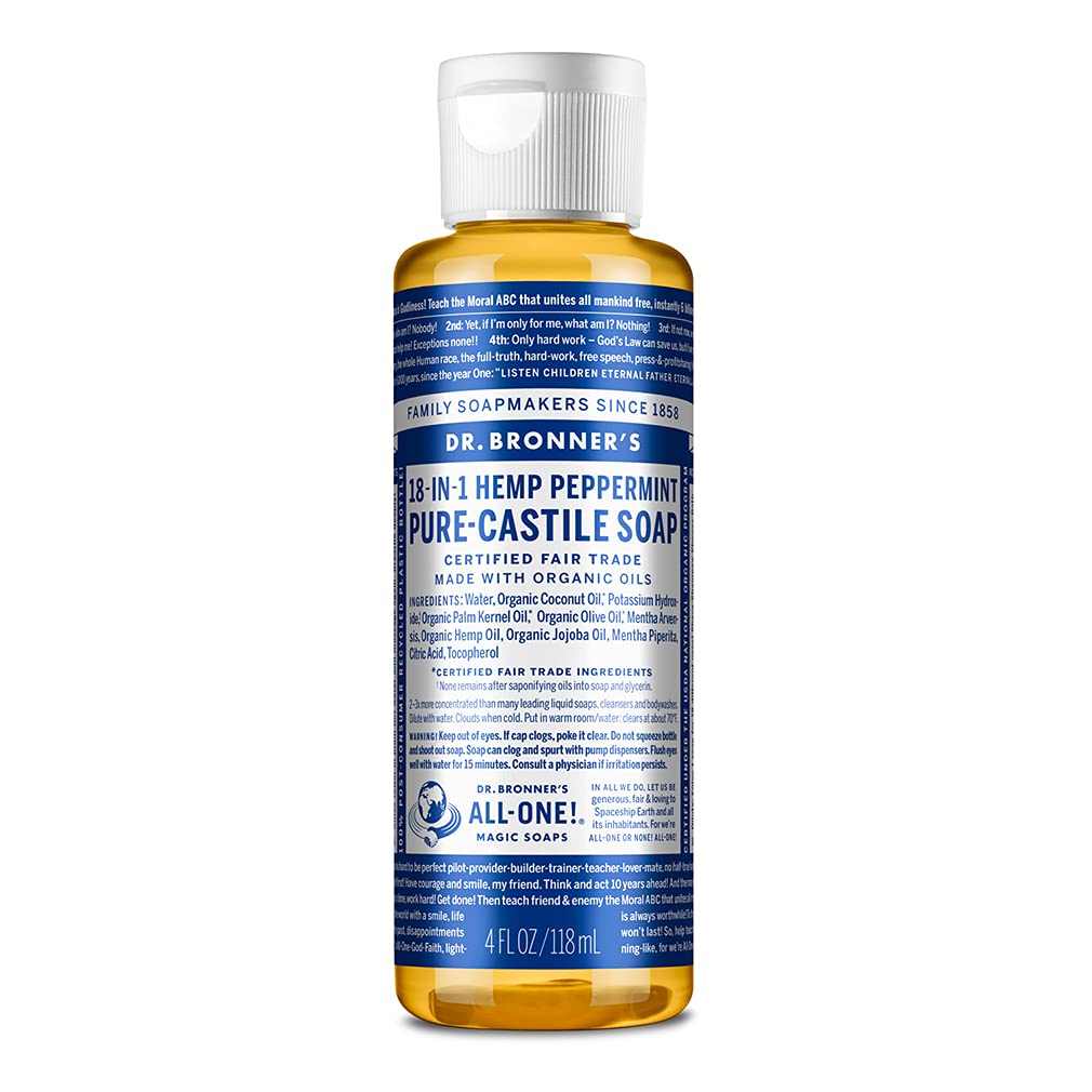 Dr. Bronner's - Pure-Castile Liquid Soap (Peppermint, 4 ounce) - Made with Organic Oils, 18-in-1 Uses: Face, Body, Hair, Laundry, Pets and Dishes, Concentrated, Vegan, Non-GMO