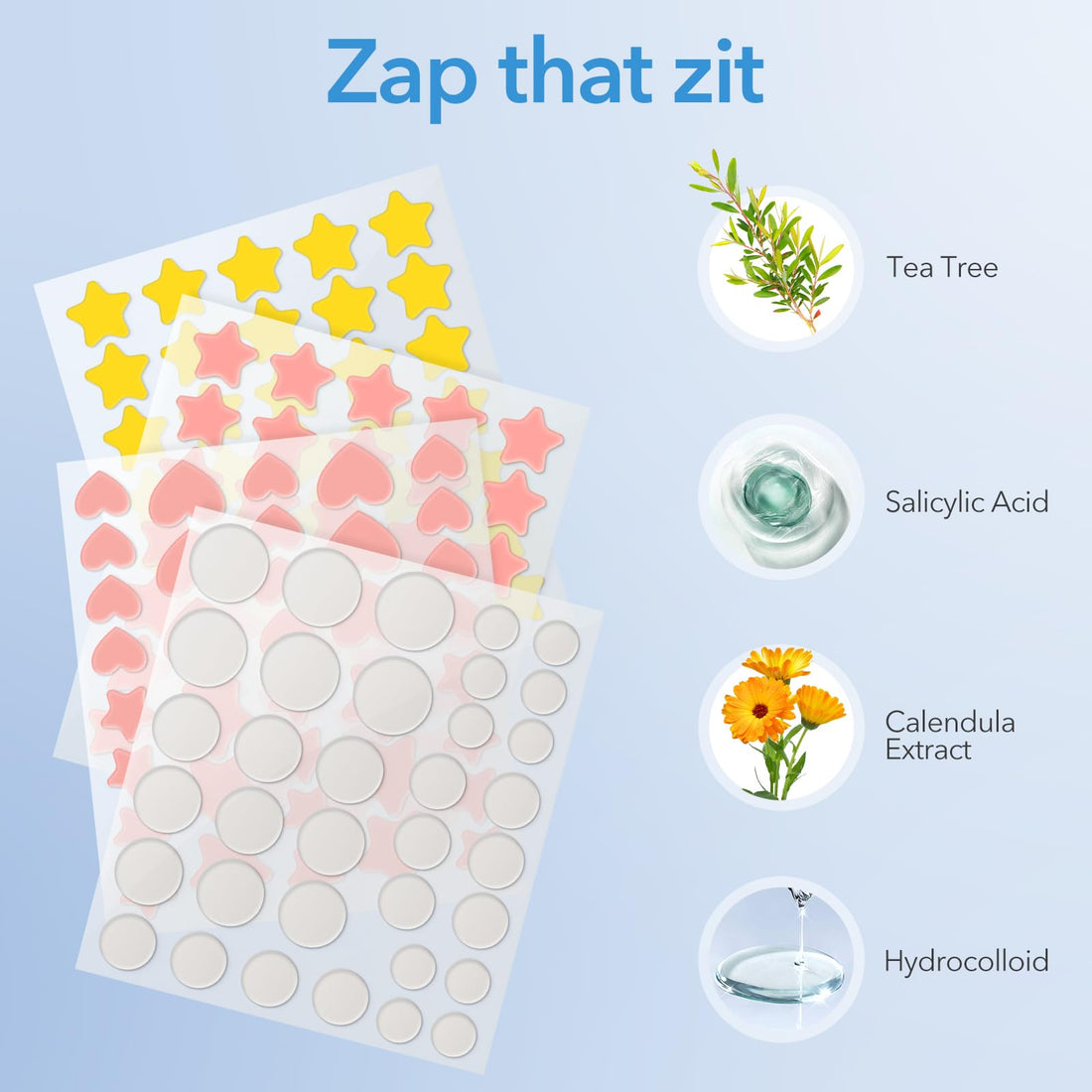 QUSTERE Pimple Patches for Face, Acne Patches Hydrocolloid, Cute Star Zit Covers for Face, Spot Stickers with Tea Tree, Salicylic Acid & Cica Oil| Round,Star,Peach Shapes| 5 Sizes| 282 Count