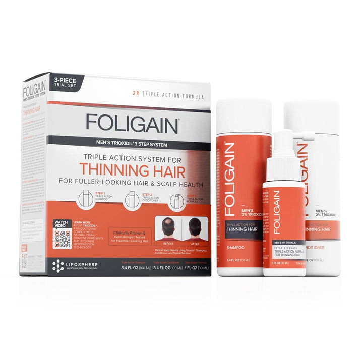 Foligain Triple Action Hair Care System For Men, Revitalizing Hair Products, 3-Piece Travel Set,13260