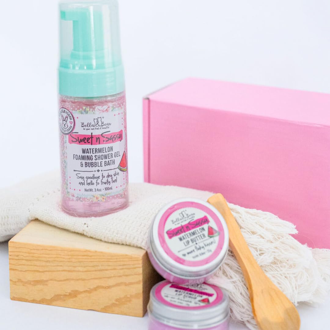 Bella & Bear Sweet 'n; Sassy Mini Bath & Body Gift Set with 2 in1 Foaming Shower Gel & Bubble Bath, Lip Scrub, Lip Butter -Easter gifts or Mothers Day basket.