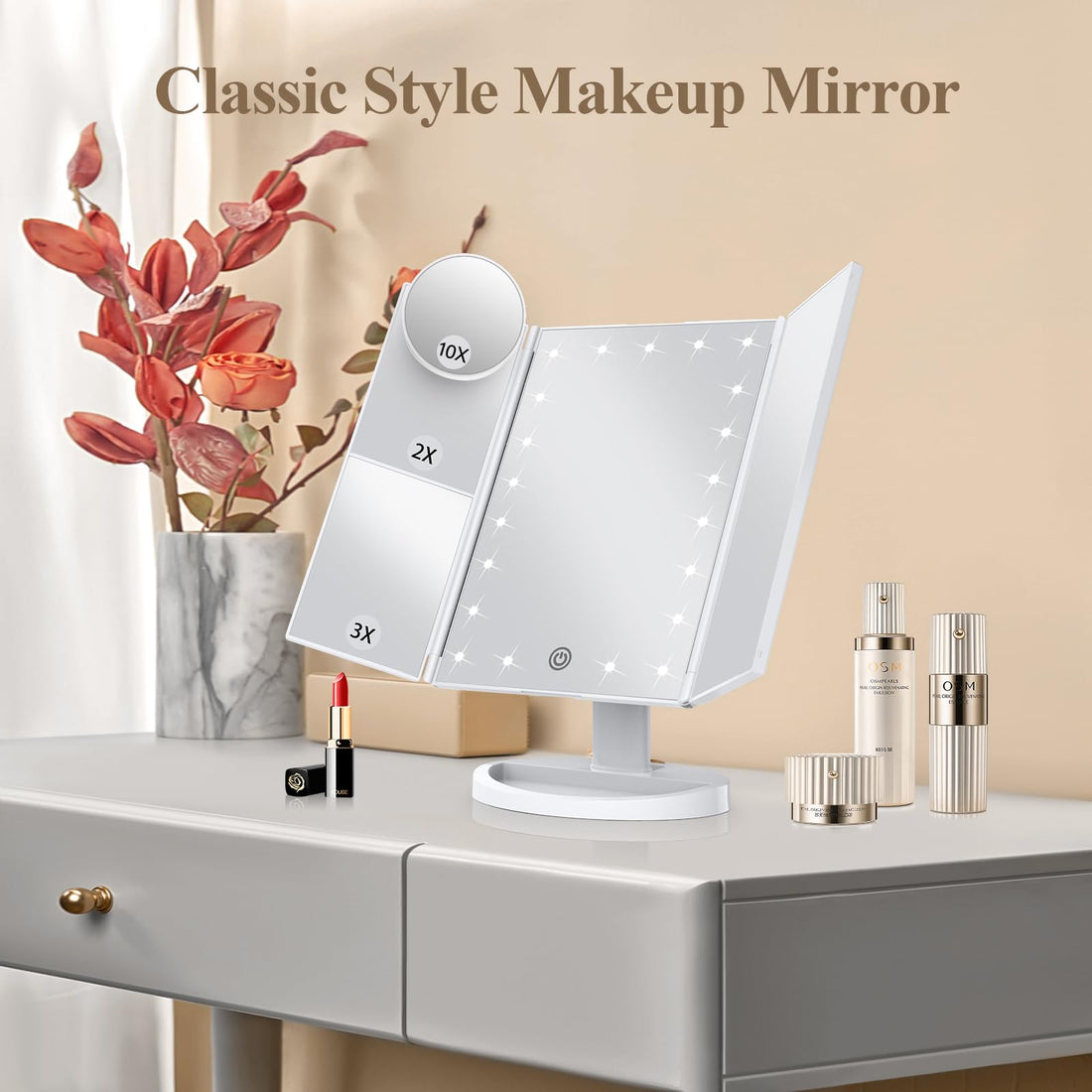 HUONUL Makeup Mirror Vanity Mirror with Lights, 2X, 3X, 10X Magnification, Touch Control, Trifold, White, 9.4L x 13.4W, Modern Style, Dresser Mount, Bathroom