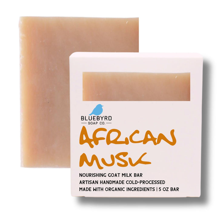 BLUEBYRD Soap Co. African Musk Man Scented Soap Bars| Musk Patchouli & Sandalwood Body Wash for Men | Made with Nourishing Goats Milk & Organic Sustainable Palm Oils (AFRICAN)