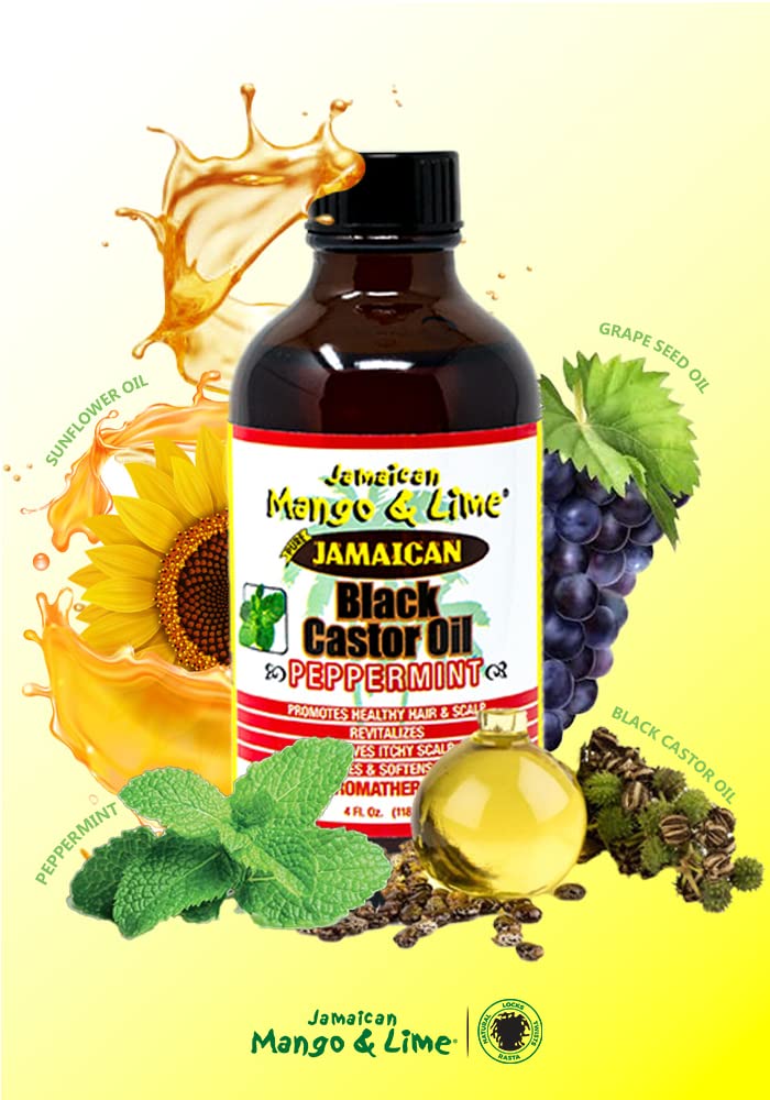 Peppermint Black Castor oil – Jamaican Mango & Lime – fast absorbing, nourishing natural oil, moisturizes dry flaky scalp & softens skin - relieves itching, repair & prevent breakage 4 oz