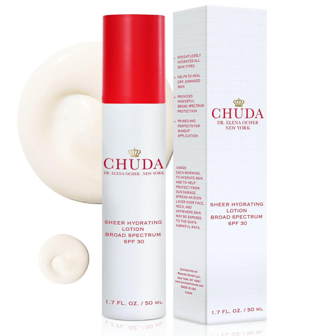 Chuda Sheer Hydrating Lotion Broad Spectrum Coverage SPF 30, 50ml Made in USA, Face Moisturizers with Remedea Compound, Light Cream Sunscreen for Sensitive Skin, Face Lotion Skin Care for Everyday Use