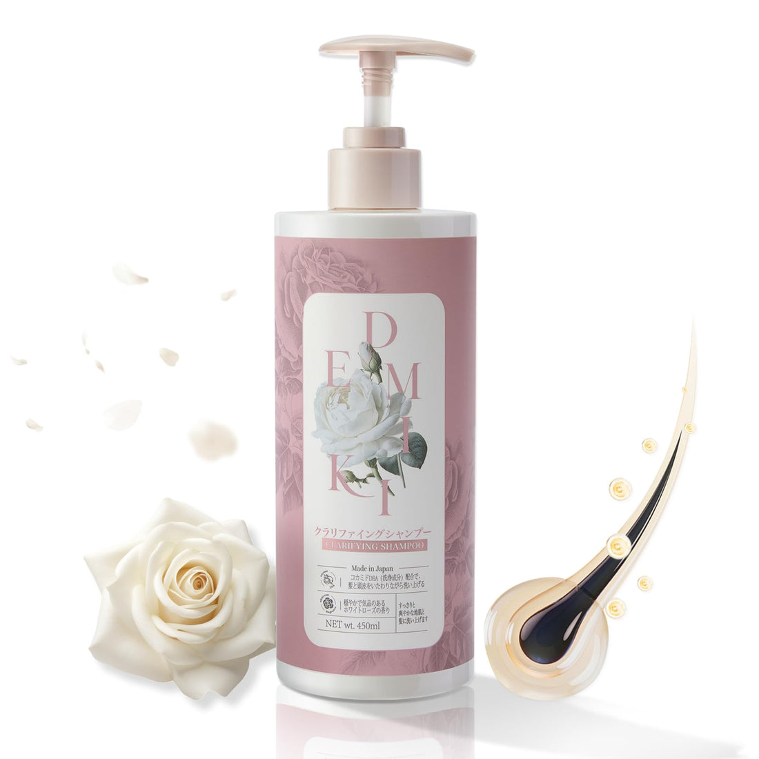 DEMIKI Shampoo for Women | Japanese Shampoo Sulfate Free for Oily Hair | Dye & Paraben Free | Organic Rose-Scented | Clarifying, Moisturizing, Refreshing Natural Hair Care | Anti Dandruff 16oz