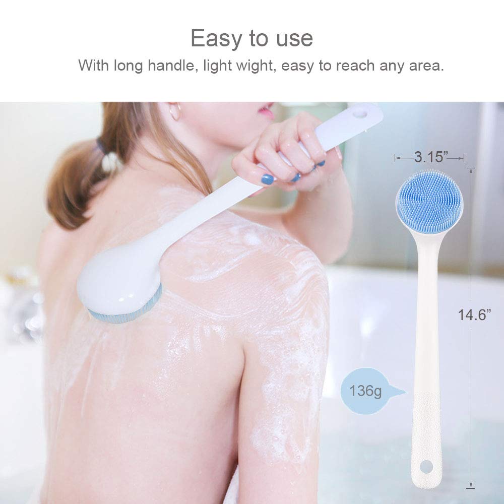 Silicone Body Scrubber with Soft Bristles, Back Brush Long Handle for Shower, Bath Body Shower Exfoliator Brush for Men and Women, BPA free, Non-Slip