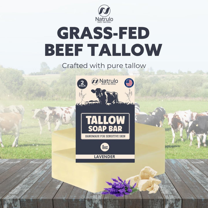 Beef Tallow Soap Bar – All Natural Grass Fed Tallow Soap Lavender – Moisturizing Face & Body Wash Great for Eczema, Dry, Itchy, Sensitive Skin – Handcrafted Bath Soap for Adults, Kids, Made in USA