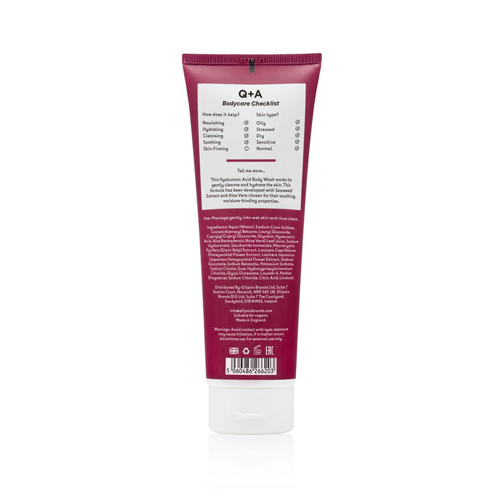 Q+A Hyaluronic Acid Body Wash, a blend of Hyaluronic Acid, Giant Kelp Extract and Saccharide Isomerate, and a fresh Apple and Avocado scent 250ml