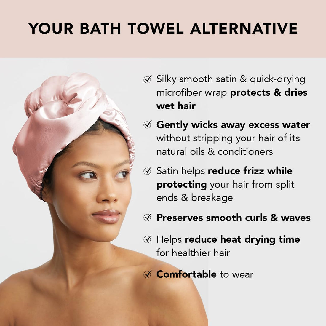 Kitsch Satin & Microfiber Hair Towel Wrap for Women, Absorbent Hair Wrap Towel for Wet Hair, Quick Dry Hair Towel for Long Hair, Microfiber Towel, Hair Turban Towel, Hair Accessories for Women (Blush)