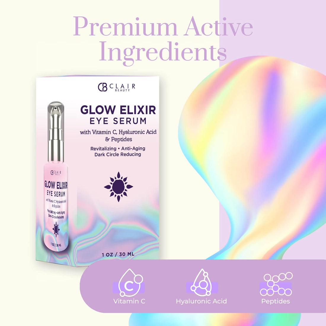 Glow Elixir Eye Serum With Vitamin C, Hyaluronic Acid & Peptides - Revitalizes and Moisturizes | Reduces Dark Circles and Puffiness | Reduce Wrinkles and Fine Lines - 30mL