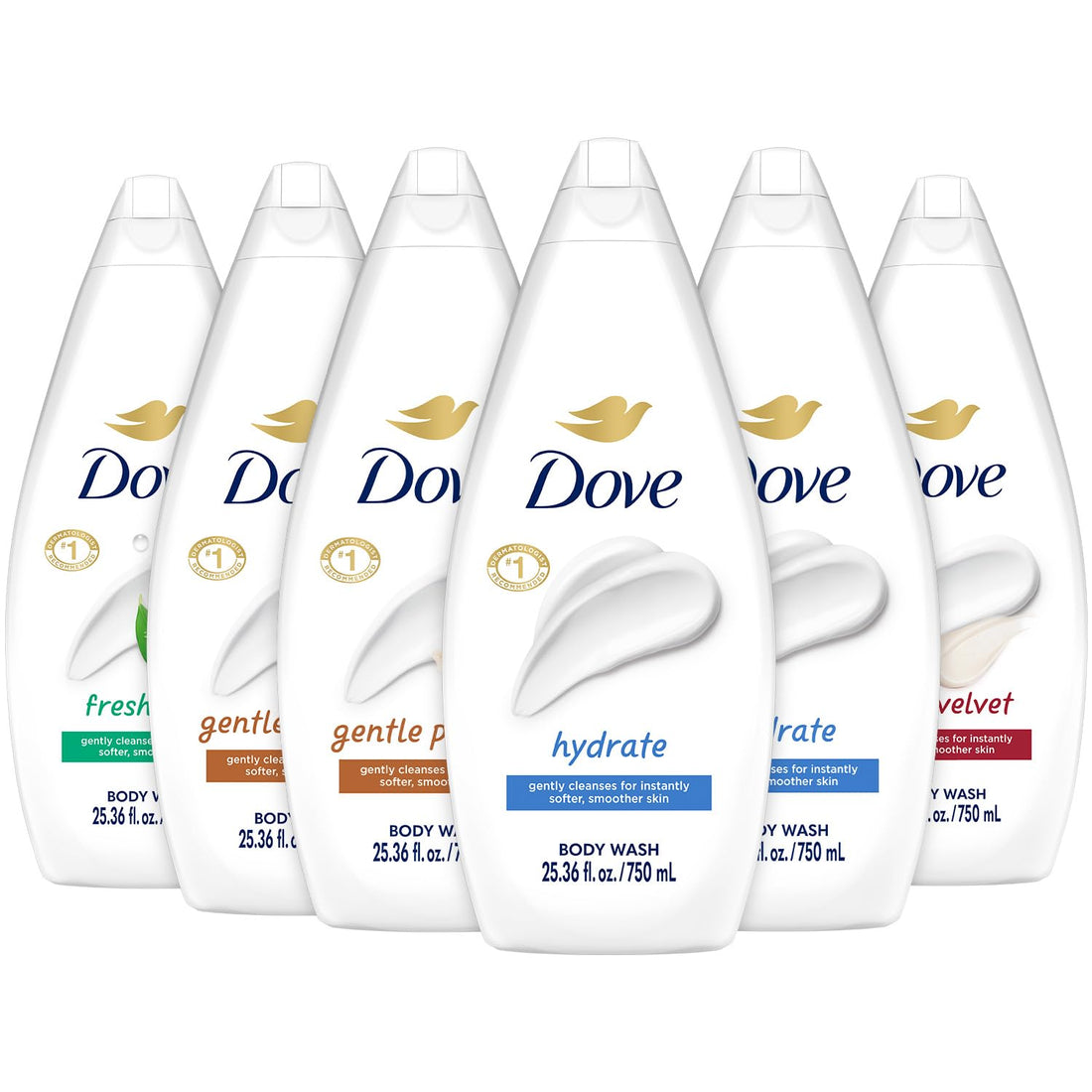 Dove Body Wash Value-Size Variety 6-Pack – Hydrate, Gentle Pamper, Fresh Care, and Silky Velvet, Family Size, 25.36 Oz Ea