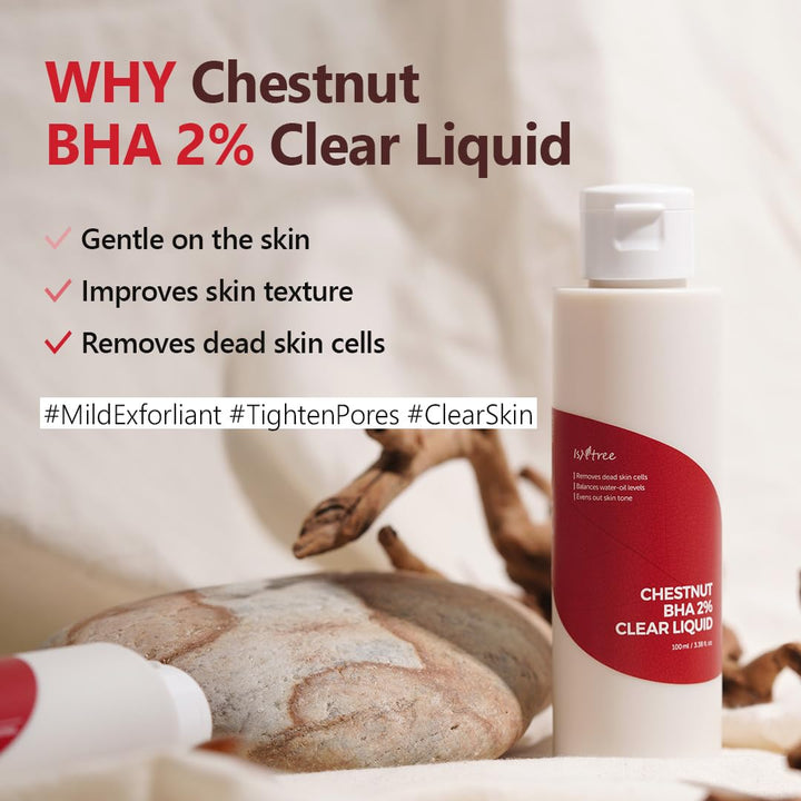 ISNTREE Chestnut BHA 2% Clear Liquid 100ml, 3.38 fl oz | Mild Exfoliant | Pore Tightening | Removes Dead Skin Cells | Korean Skincare