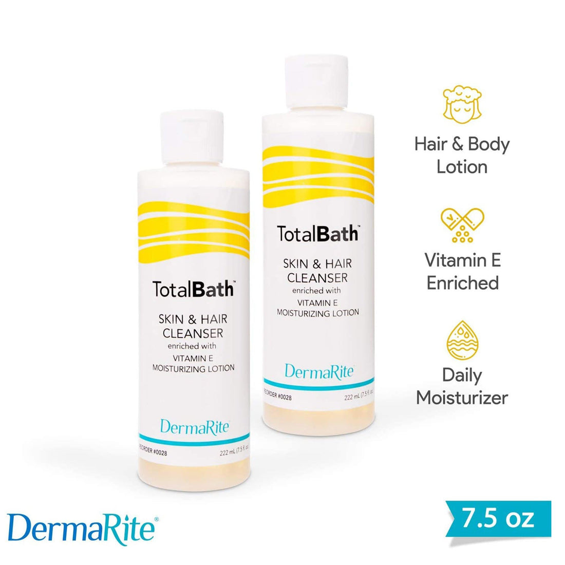TotalBath Skin and Hair Cleanser - 2 Pack, 7.5 Oz - Full Body Shampoo and Body Wash Moisturizing Lotion - Enriched with Vitamin E - Ideal for Sensitive Skin, Rinse Free