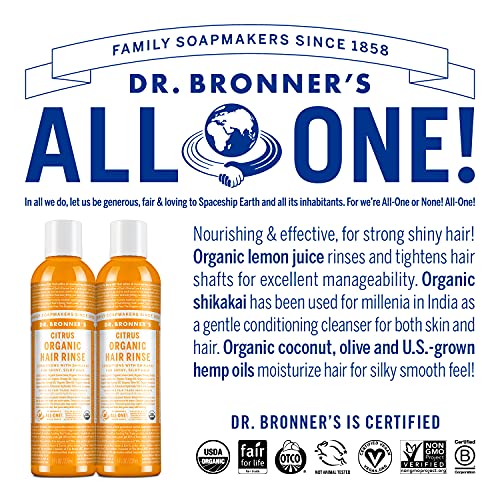 Dr. Bronner's - Organic Hair Rinse (Citrus, 8 Ounce) - Nourishing & Effective, Gentle Conditioning Cleanser for Skin & Hair, No Synthetic Ingredients, Organic Shikakai (2-Pack)