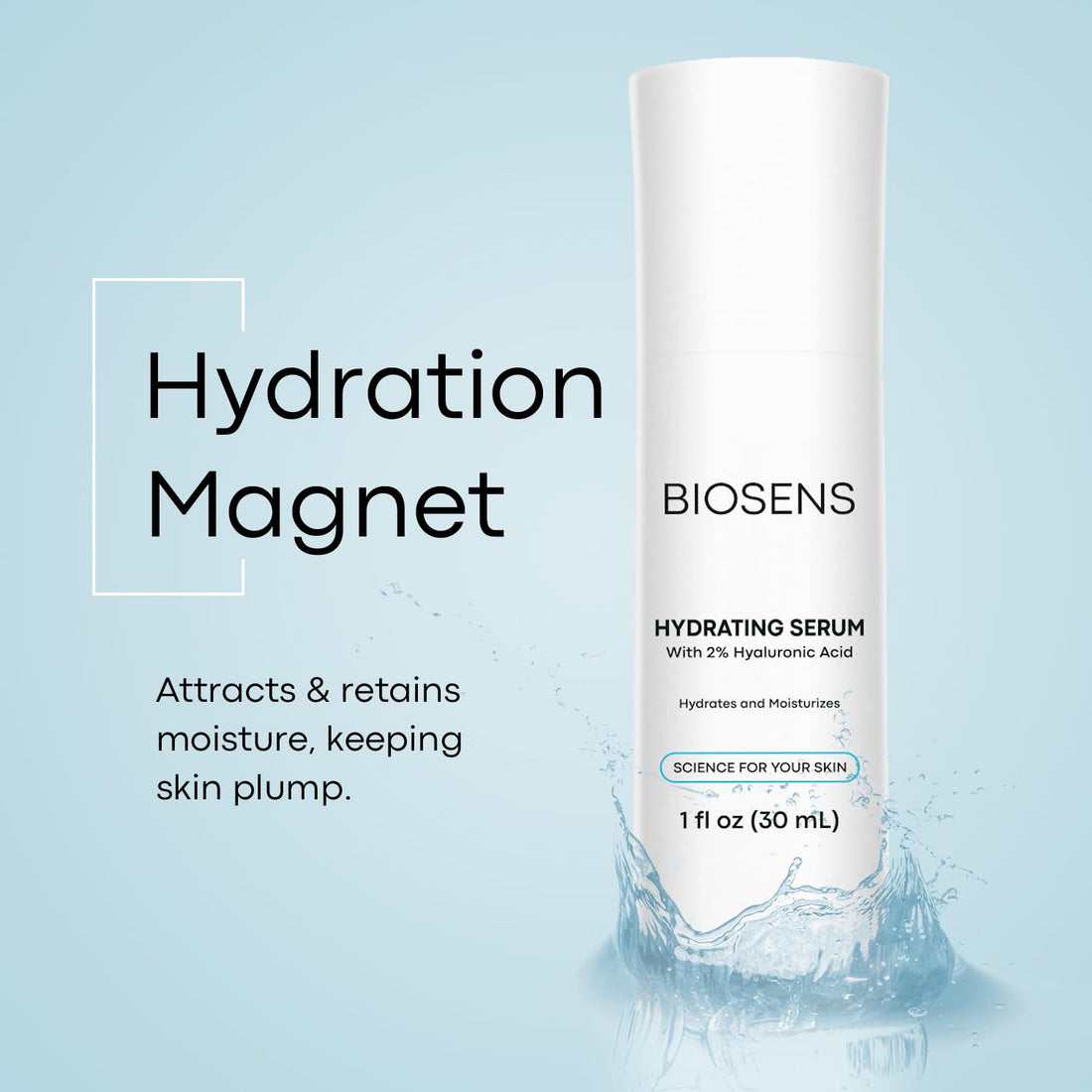 BIOSENS Hyaluronic Acid Serum, Hyaluronic Acid 2%, Face Moisturizer, Reduces Wrinkles, Repairs Skin Barrier, Improves Skin Elasticity. Airless Pump 1 fl oz