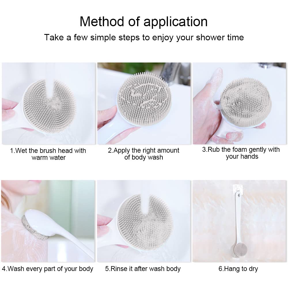 Silicone Back Scrubber for Shower, Back Washer Brush Long Handle with Soft Bristles, Bath Body Shower Exfoliator Brush for Men and Women, BPA Free, Non-Slip (Grey)