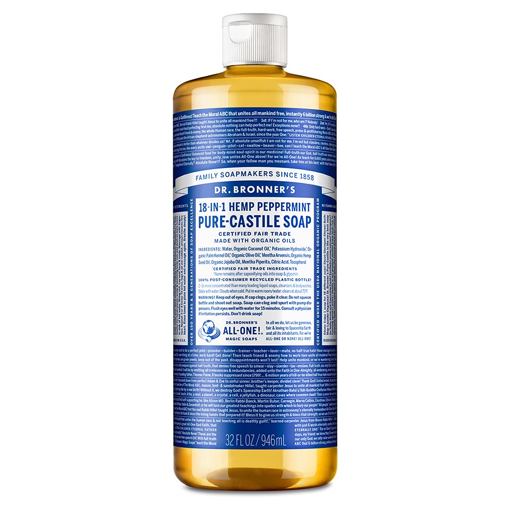 Dr. Bronner's - Pure-Castile Liquid Soap (Peppermint, 32 ounce) - Made with Organic Oils, 18-in-1 Uses: Face, Body, Hair, Laundry, Pets and Dishes, Concentrated, Vegan, Non-GMO