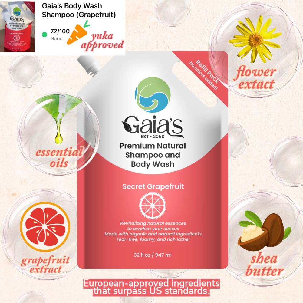 GAIA'S Natural Body Wash and Shampoo Grapefruit, Bulk Refill Size, 64 Fl Oz, Sulfate Free, Paraben Free, Dye Free, Tear Free, Organic and Natural Ingredients, PH Balance Feminine