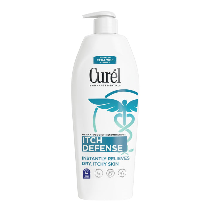Curel Itch Defense Calming Body Lotion for Dry Itchy Skin, Moisturizer with Advanced Ceramide Complex, Pro-Vitamin B5, Shea Butter, 13 oz (Packaging may vary)