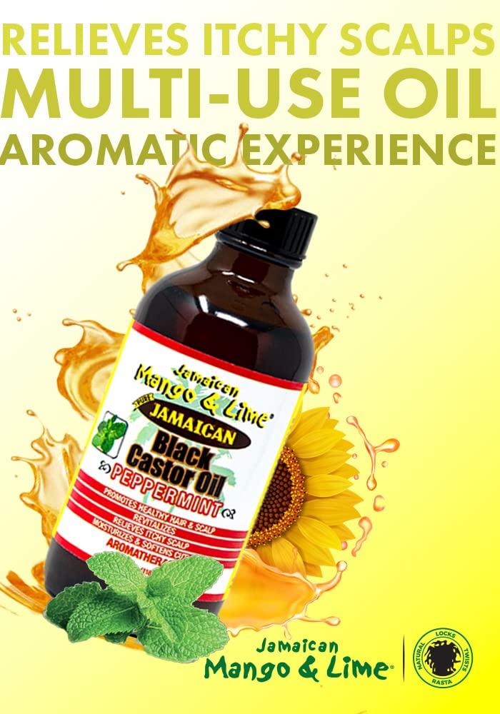 Peppermint Black Castor oil – Jamaican Mango & Lime – fast absorbing, nourishing natural oil, moisturizes dry flaky scalp & softens skin - relieves itching, repair & prevent breakage 4 oz