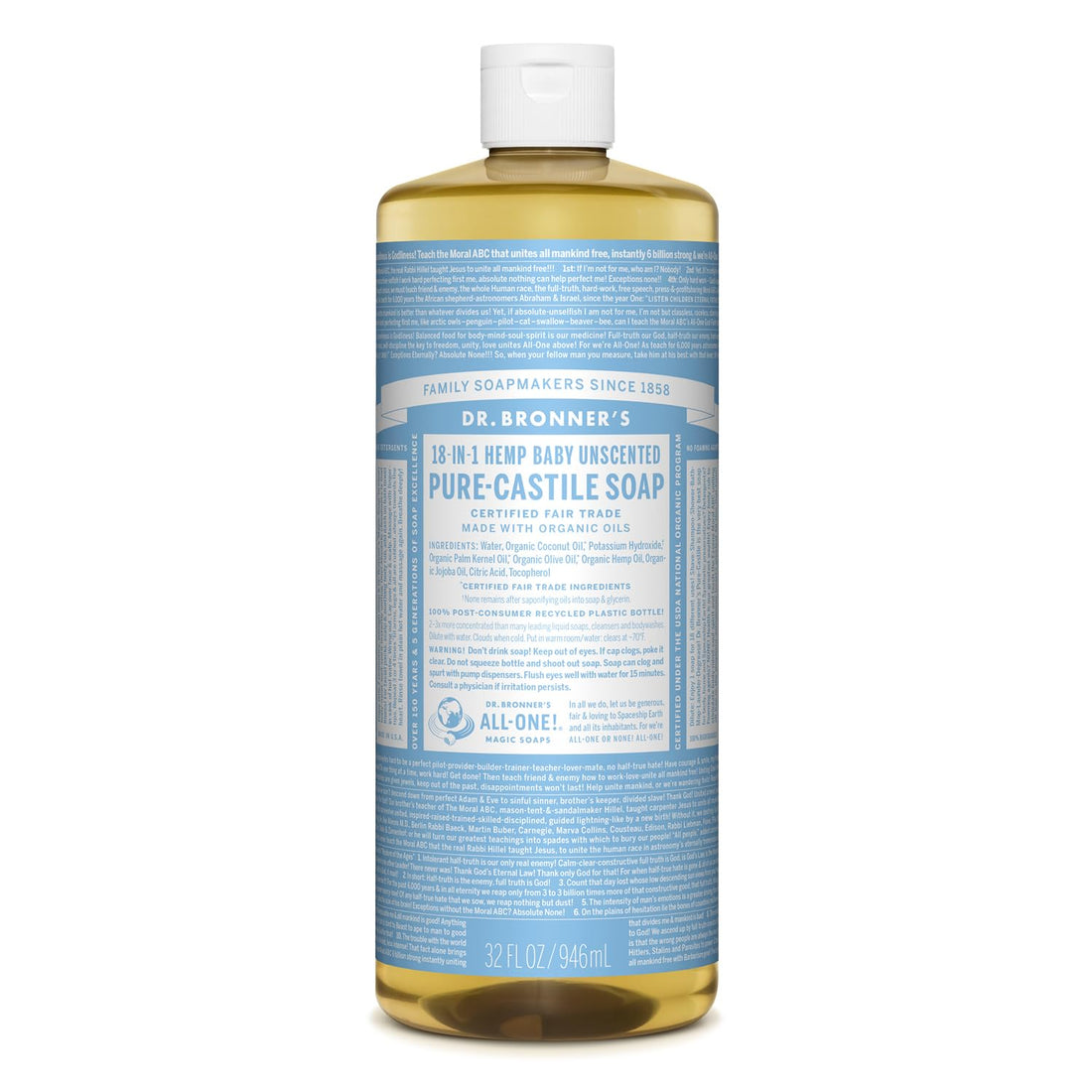 Dr. Bronner's - Pure-Castile Liquid Soap (Baby Unscented, 32 ounce, 2-Pack) - Made with Organic Oils, 18-in-1 Uses: Face, Hair, Laundry and Dishes, For Sensitive Skin and Babies, No Added Fragrance
