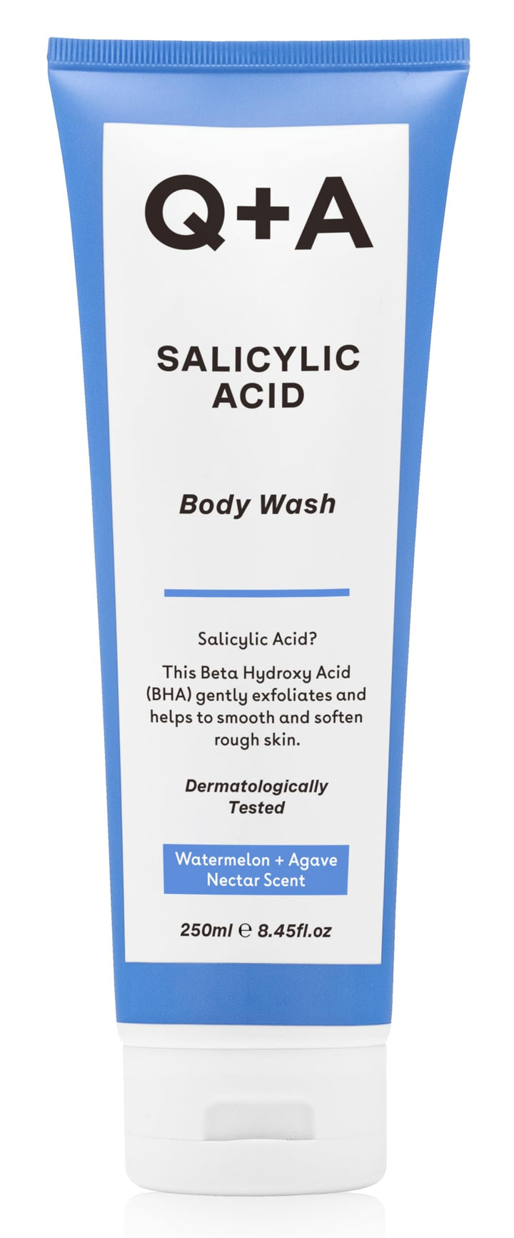 Q+A Salicylic Acid Body Wash, gel-based Body Wash, exfoliates, smoothes and softenes the skin with a blend of Salicylic Acid, White Willow Bark and Green Tea Extract, 250ml