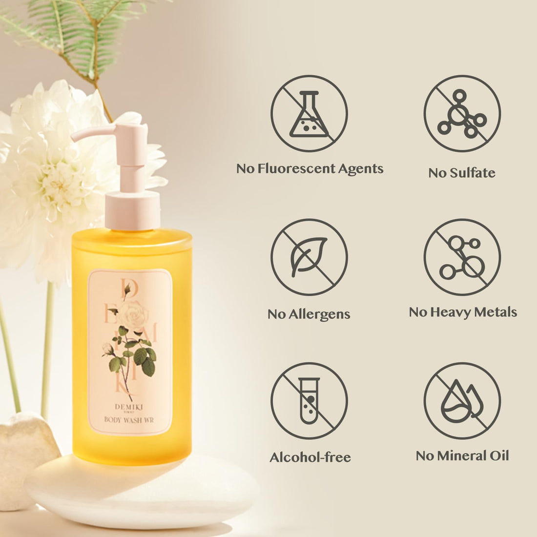 DEMIKI Shower Oil for Women, Hydrating Body Wash with White Rose Scent, Moisturizing for Sensitive & Dry Skin, Winter Care, Sulfate-Free, Paraben-Free, Dye-Free, 10 fl oz