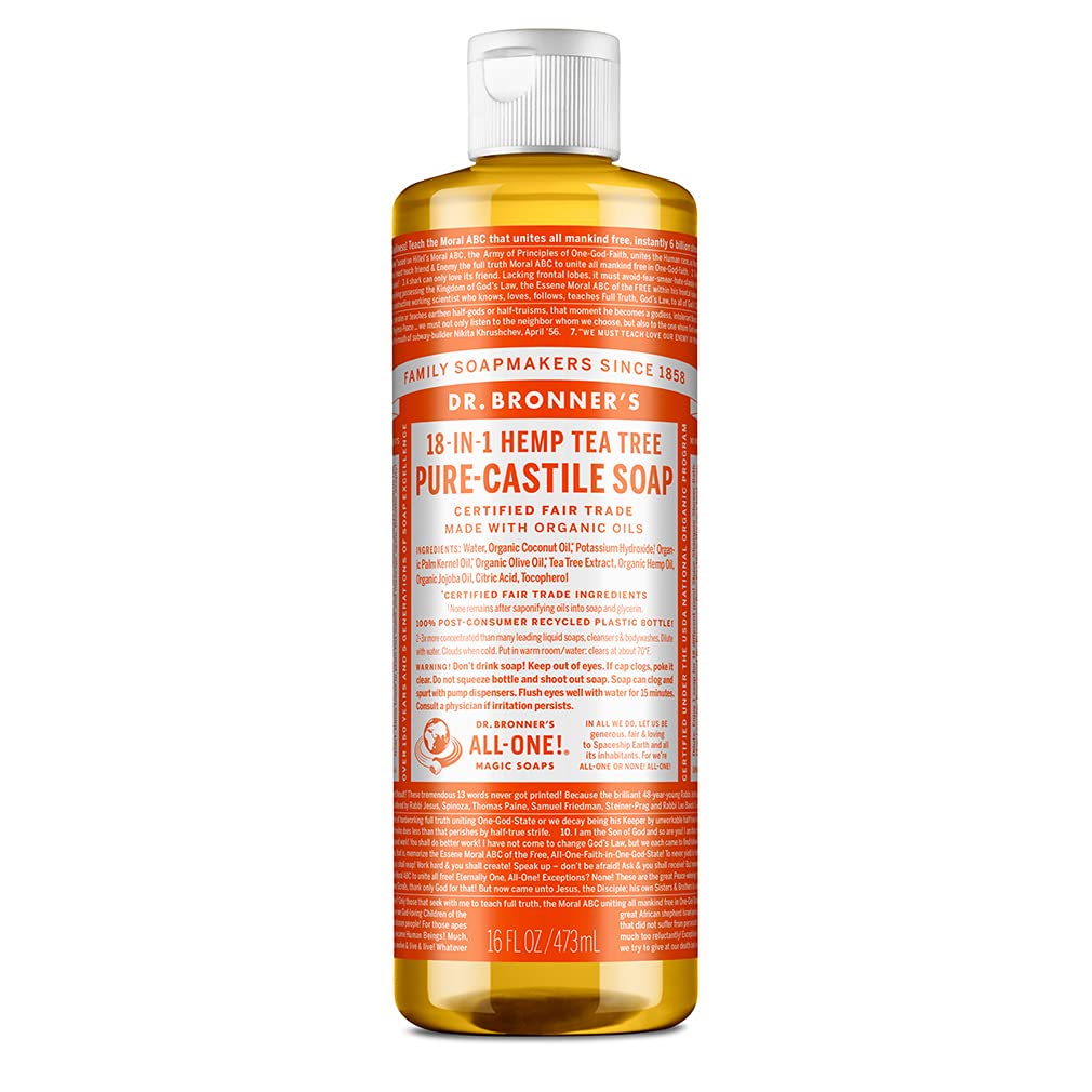 Dr. Bronner's - Pure-Castile Liquid Soap (Tea Tree, 16 ounce) - Made with Organic Oils, 18-in-1 Uses: Acne-Prone Skin, Dandruff, Laundry, Pets and Dishes, Concentrated, Vegan, Non-GMO