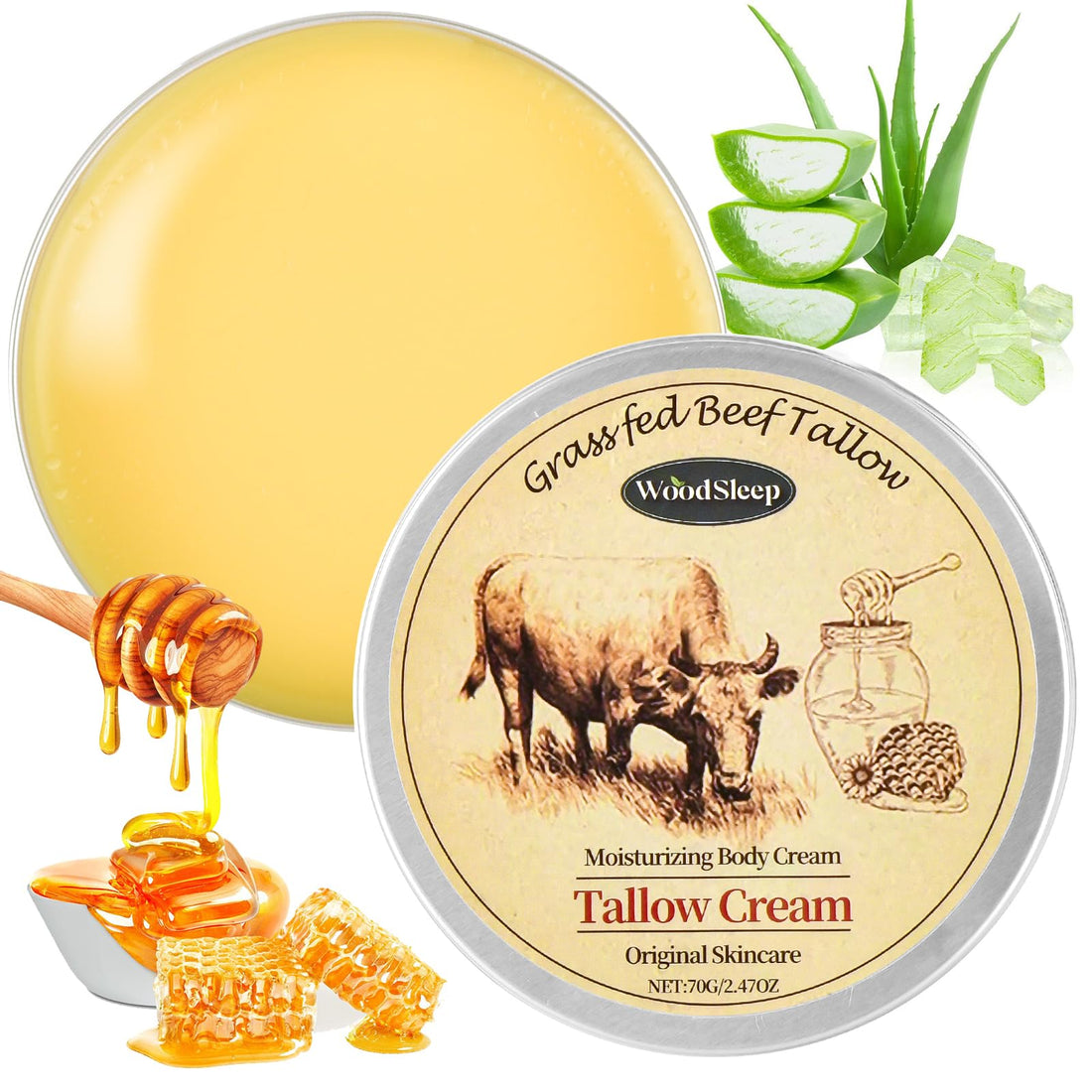 ZEVOFIUR Tallow and Honey Balm for Skin,Beef Tallow Beeswax,Organic Grass-Fed Balm with Raw Honey Moisturizing CreamWith Face Body Moisturizer 2.5oz