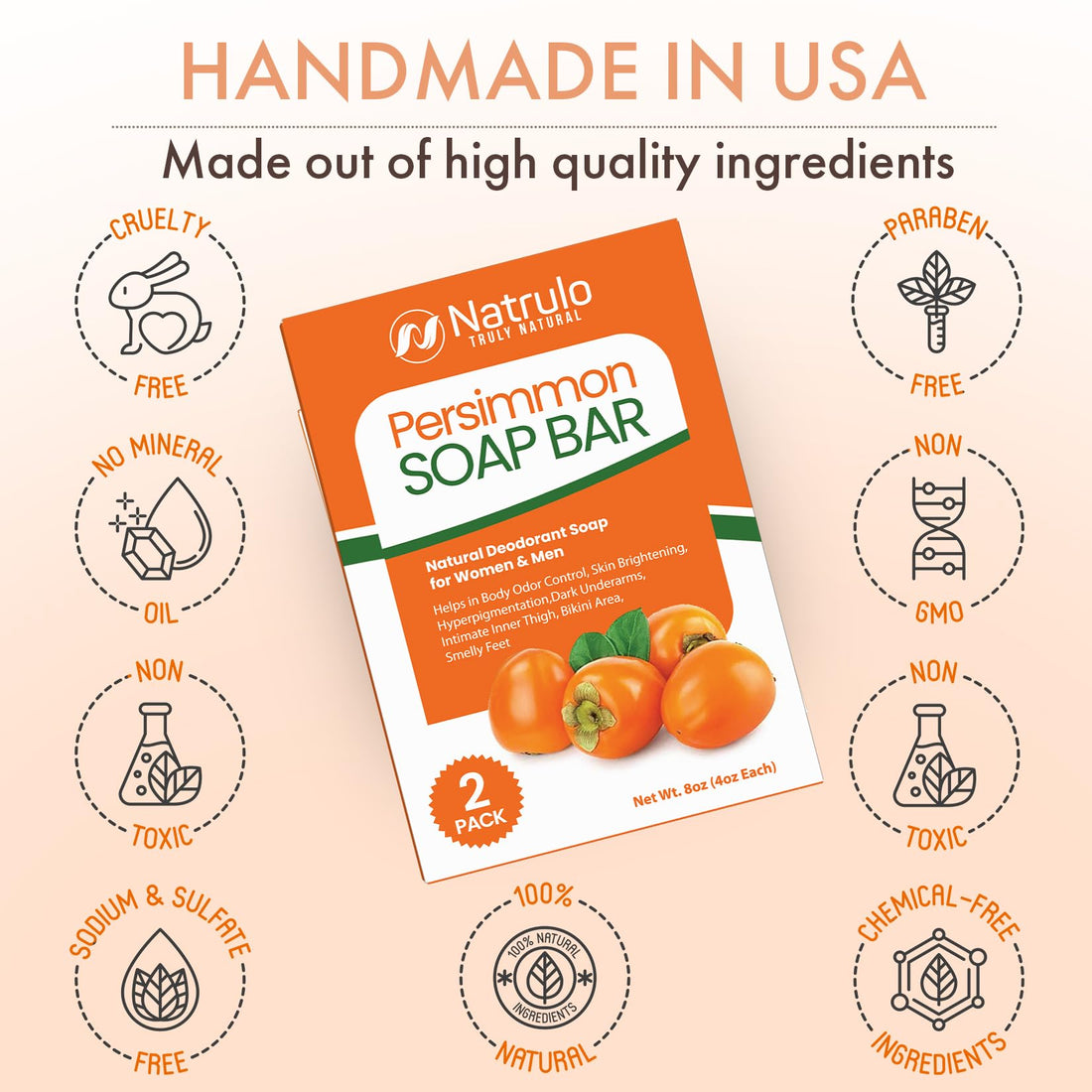 Persimmon Soap Bar for Body Odor Control – Purifying Deodorizing Body Wash for Eliminating Body Odor – Great for Skin Brightening, Hyperpigmentation, Smelly Feet – Natural Deodorant Soap