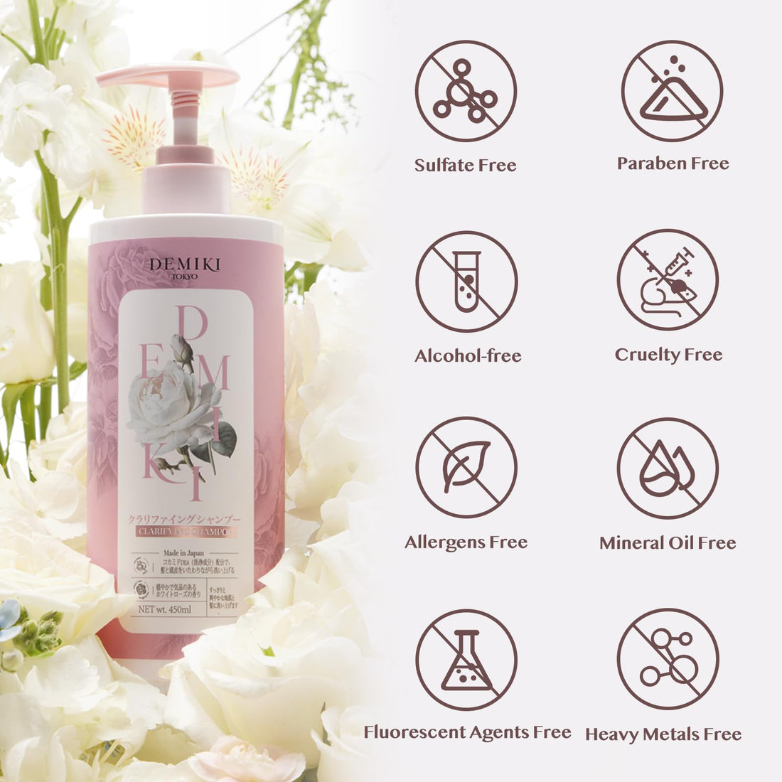 DEMIKI Shampoo for Women | Japanese Shampoo Sulfate Free for Oily Hair | Dye & Paraben Free | Organic Rose-Scented | Clarifying, Moisturizing, Refreshing Natural Hair Care | Anti Dandruff 16oz
