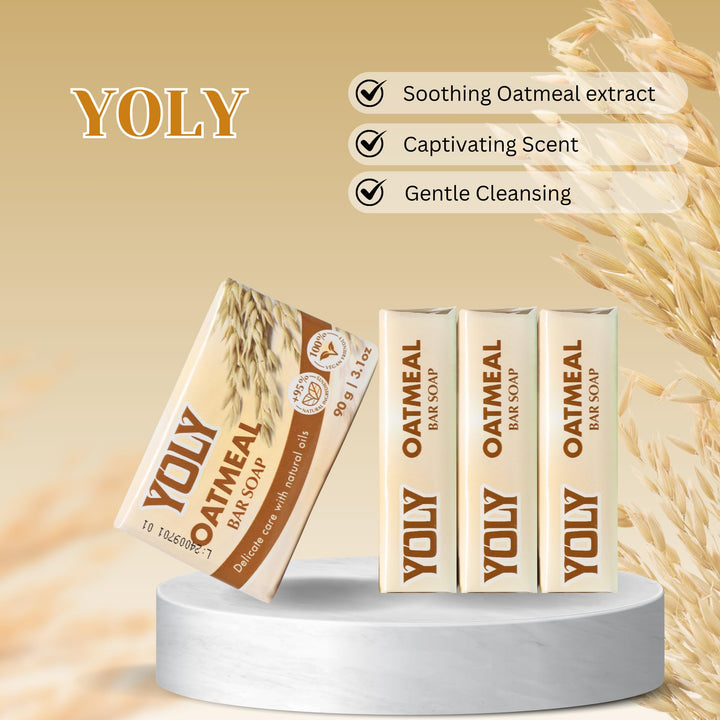 YOLY Oatmeal Bar Soap (90 g, Pack of 4) - 95% Natural, Vegan-Friendly Moisturizing Soap for Silky Smooth Skin
