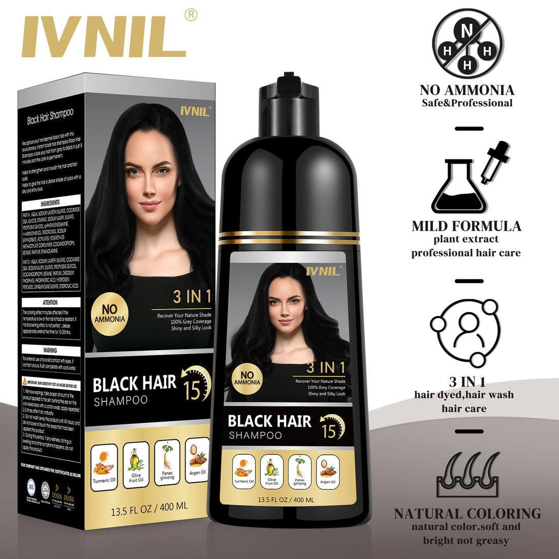 Ivnil Black Hair Dye Shampoo 3 in 1 for gray coverage champu para canas herbal color for women and men 400ML